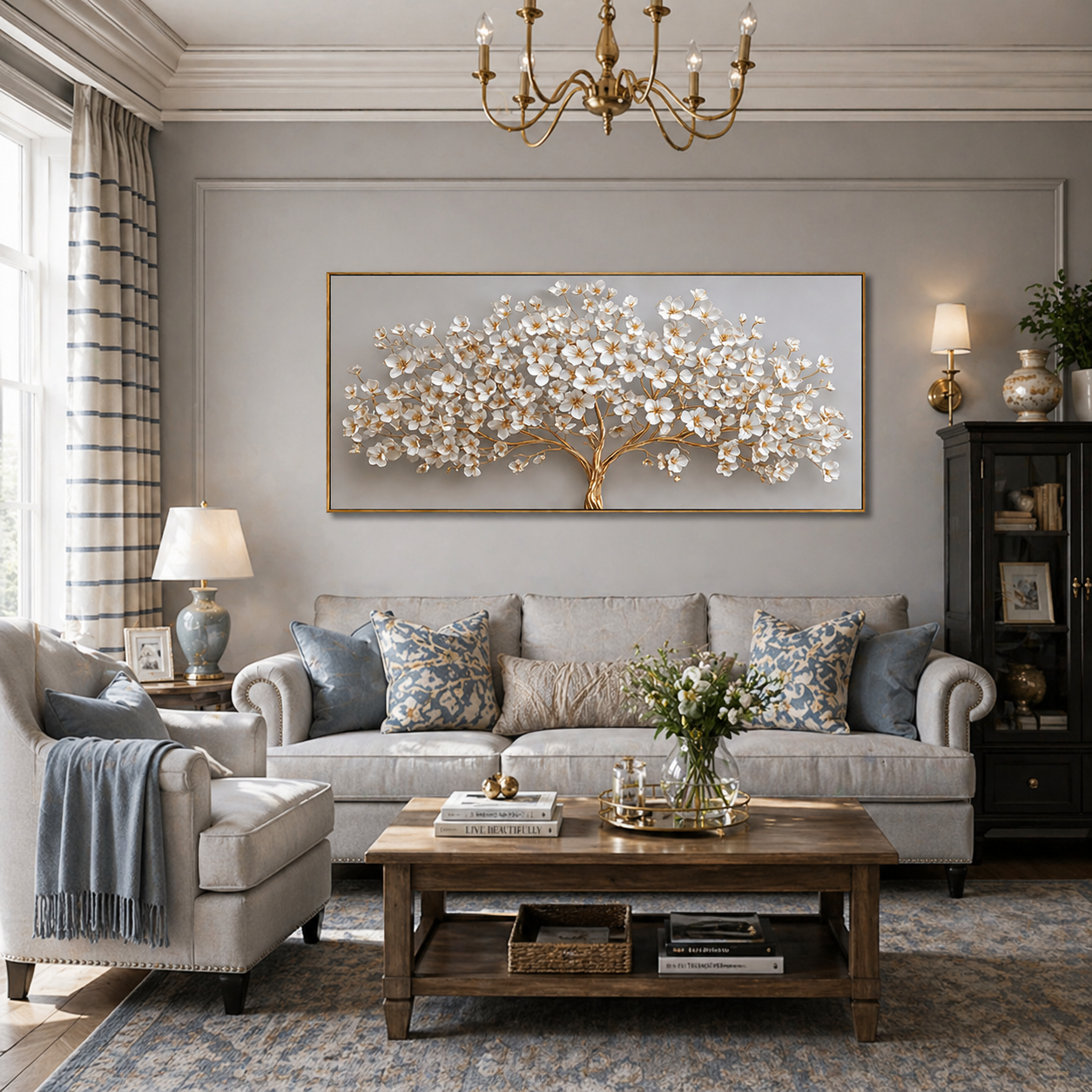 "Gilded Prosperity" – Modern 3D Heavy Impasto Blossom Tree | Luxury Horizontal Statement Art