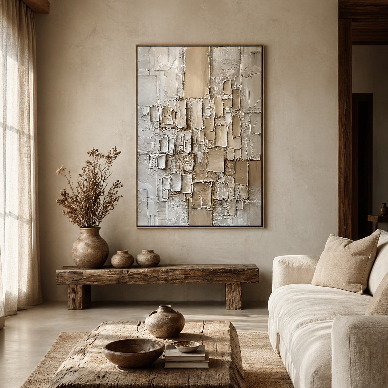 "Grounded Form" – Modern 3D Heavy Impasto Geometric Relief | Neutral Vertical Statement Art