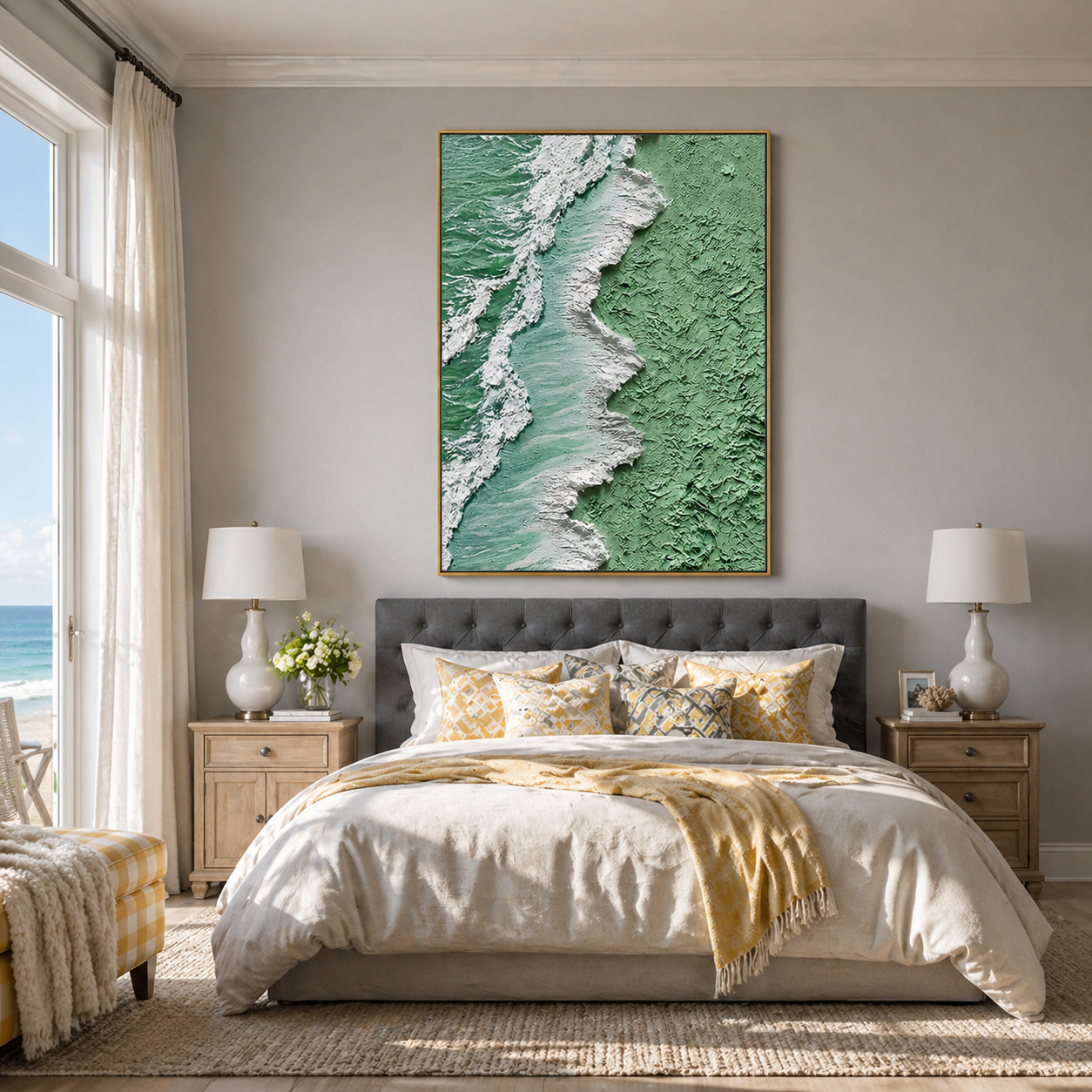 "Sage Surf" – Extreme 3D Heavy Impasto Coastal Abstract | Vertical Sage & White Statement Art