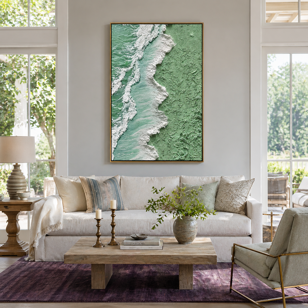 "Sage Surf" – Extreme 3D Heavy Impasto Coastal Abstract | Vertical Sage & White Statement Art