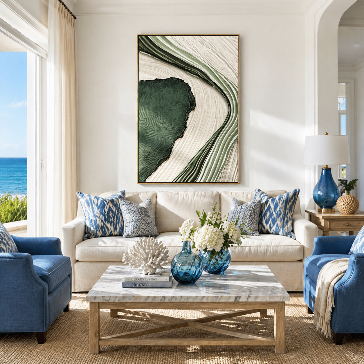 "Emerald Current" – Modern 3D Organic Linear Relief | Vertical Sage & Moss Statement Art