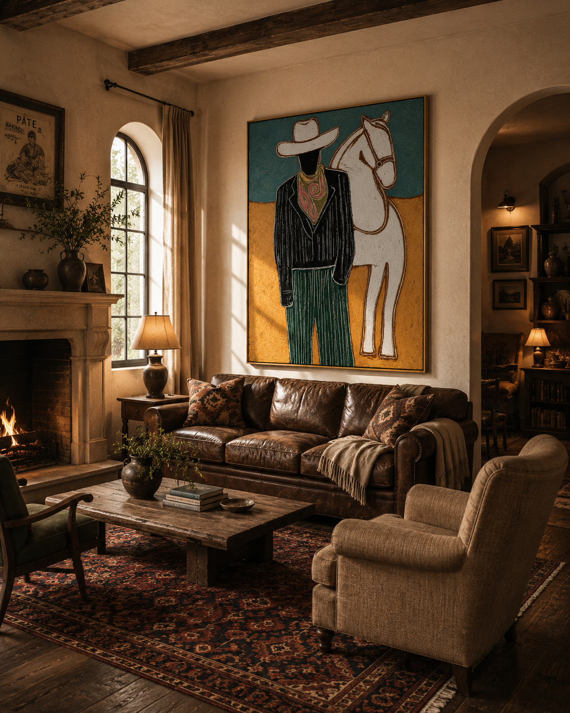"The Dapper Cowboy & His Steed" – Modern Heavy Impasto Western Art | 3D Teal & Ochre Palette Knife Painting | Luxury Vertical Wall Art #PT 023