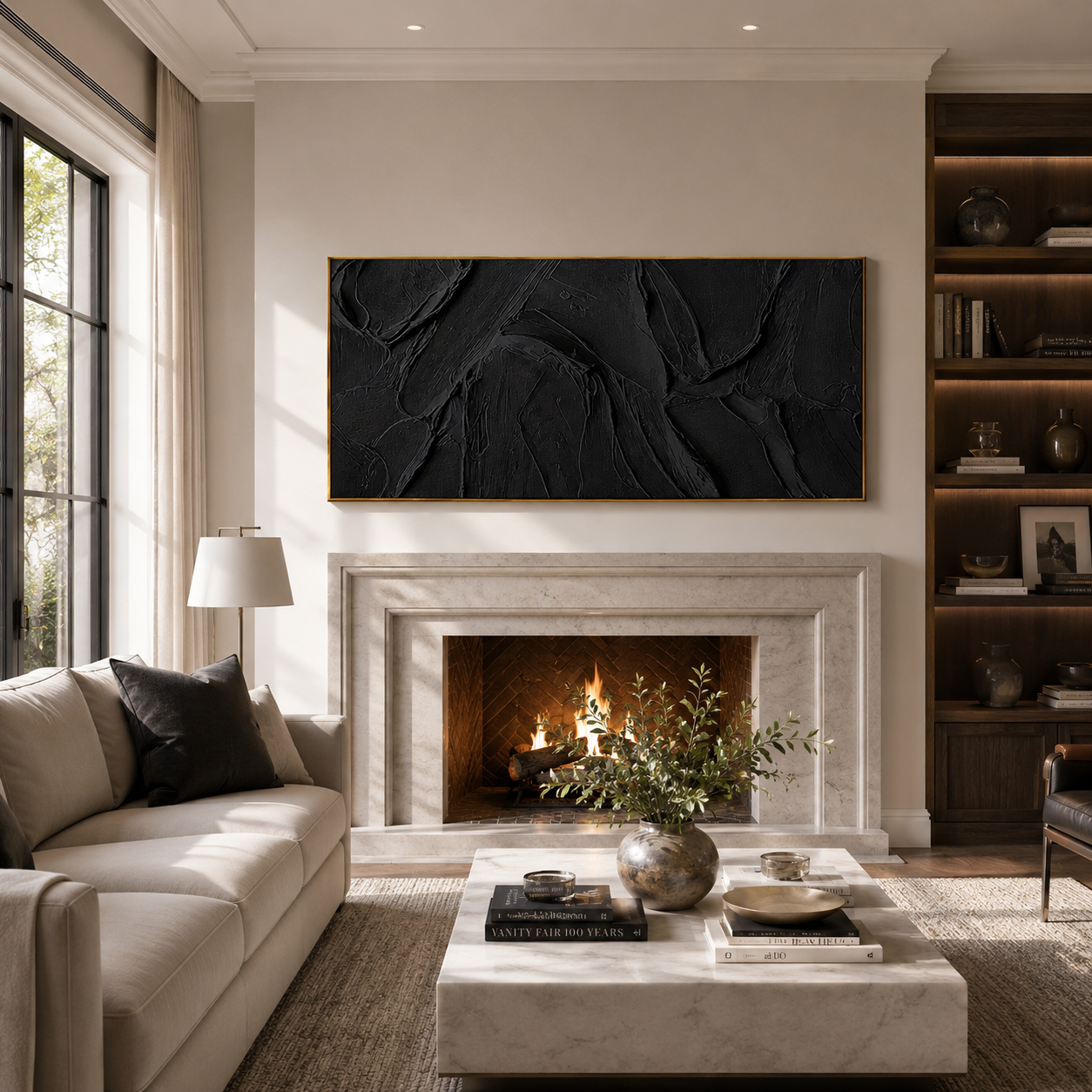 "Noir Tectonic" – 3D Heavy Impasto Black Abstract | Minimalist Sculptural Statement Art