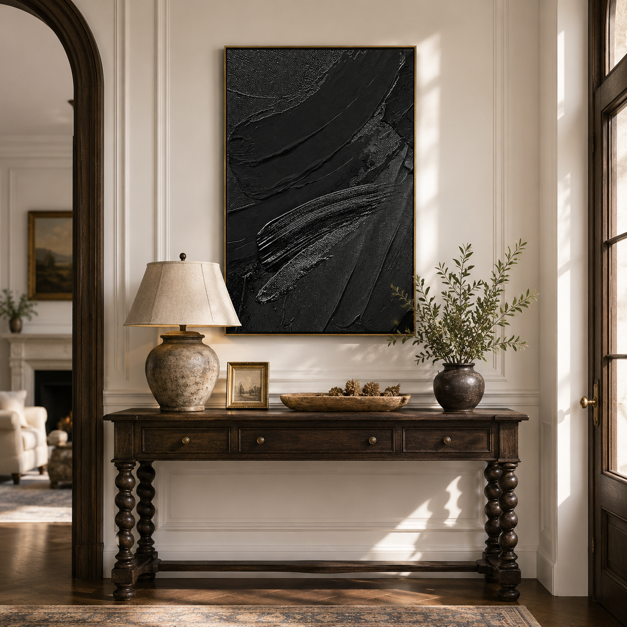 "Noir Rhythms" – 3D Heavy Impasto Black Abstract | Minimalist Sculptural Statement Art