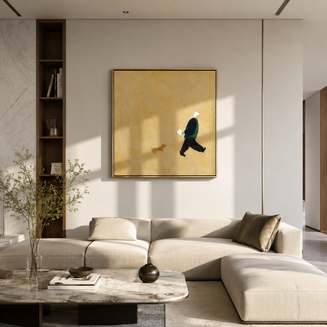 "Little Companion" - Minimalist Figure With Dog | Warm Beige Contemporary Square Art