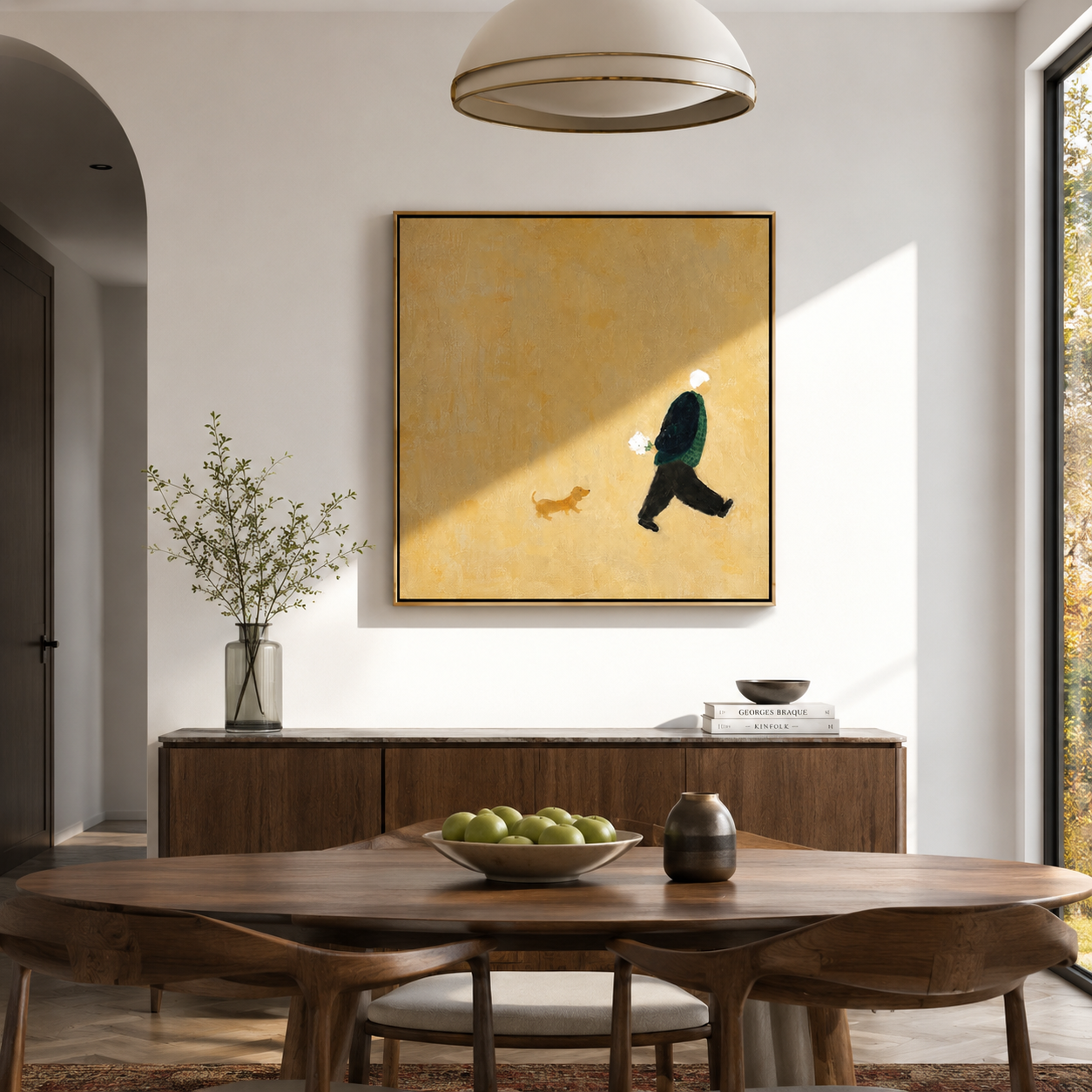 "Little Companion" - Minimalist Figure With Dog | Warm Beige Contemporary Square Art