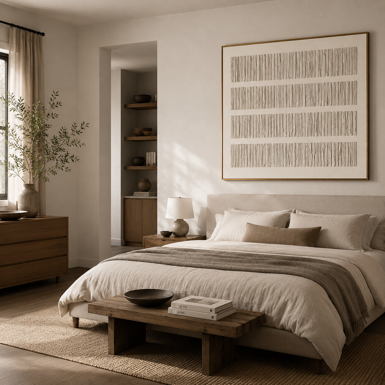 "Quiet Strata" - 3D Minimalist Plaster Line Relief | Ivory White Square Textured Art