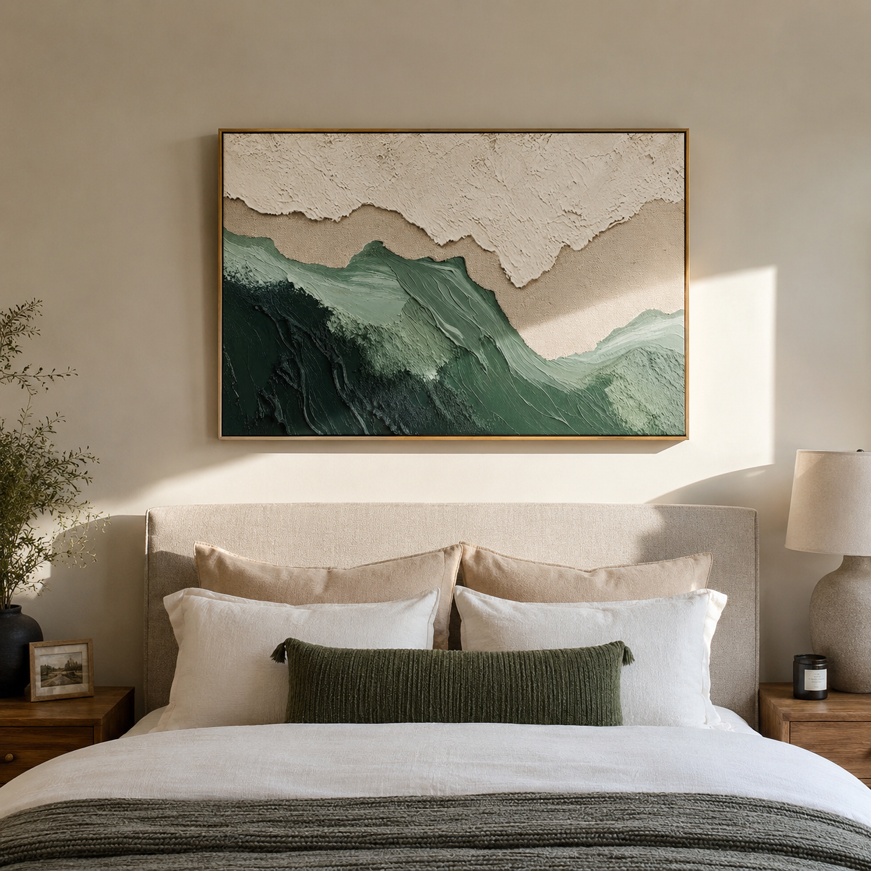 "Sage Ridge" - 3D Wabi-Sabi Mountain Relief | Green Beige & White Textured Landscape Art