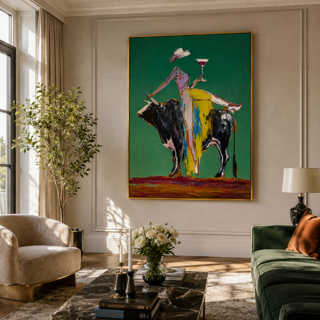 "Golden Reins" - Contemporary Bull Rider Painting | Green Yellow & Black Figurative Wall Art