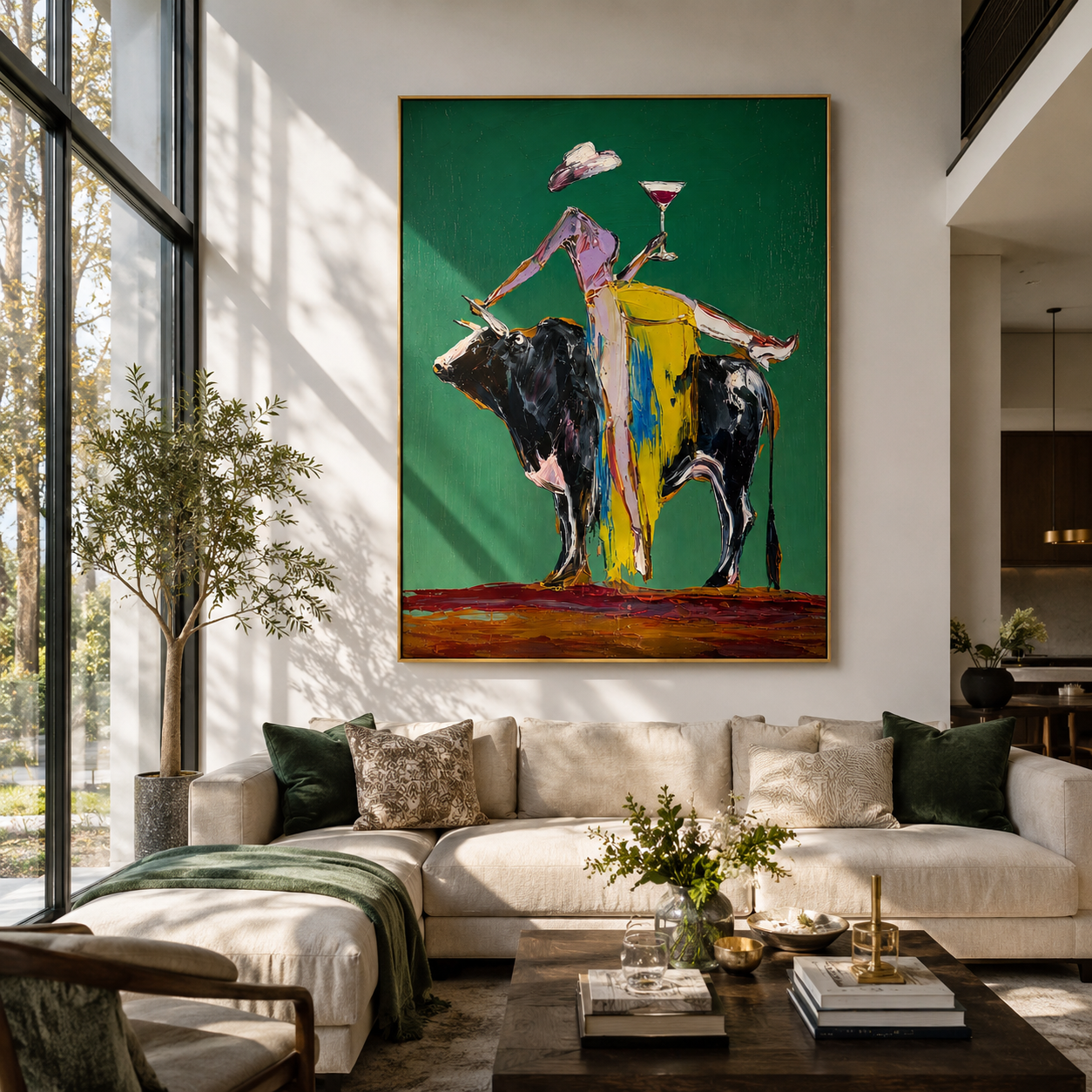 "Golden Reins" - Contemporary Bull Rider Painting | Green Yellow & Black Figurative Wall Art