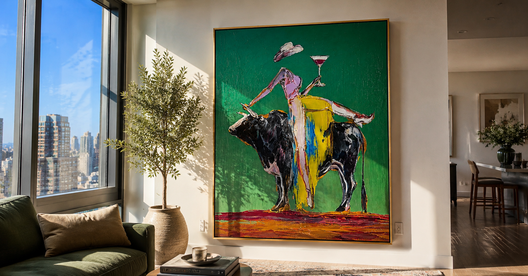 "Golden Reins" - Contemporary Bull Rider Painting | Green Yellow & Black Figurative Wall Art