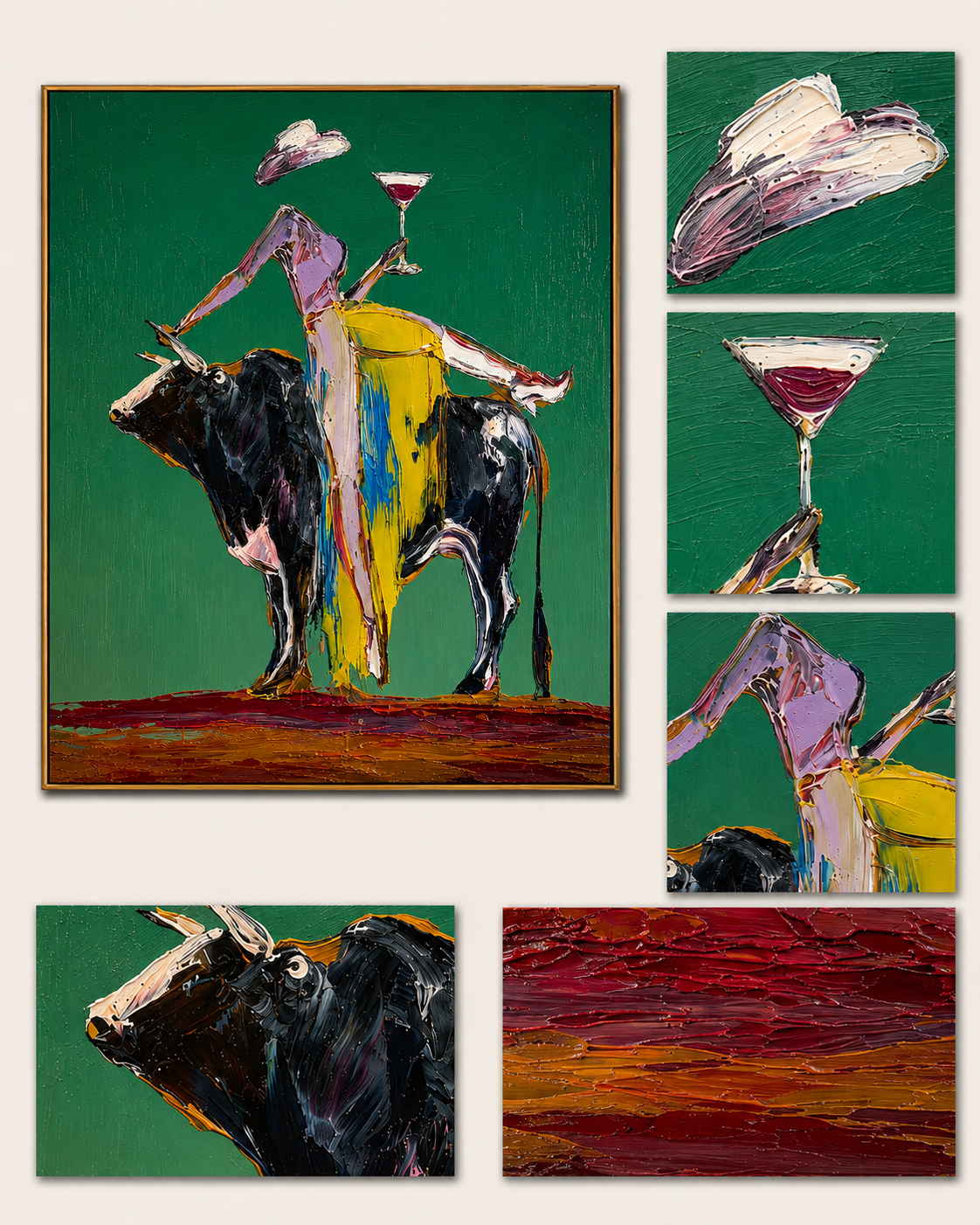 "Golden Reins" - Contemporary Bull Rider Painting | Green Yellow & Black Figurative Wall Art