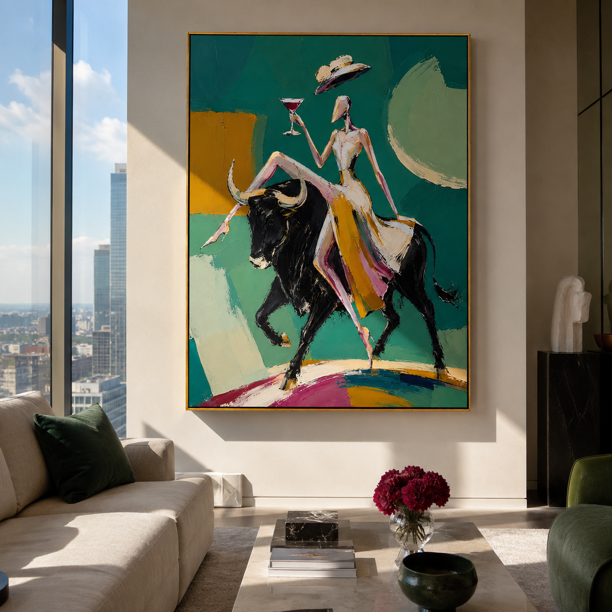 "Emerald Matador" - Contemporary Bull Rider Figurative Art | Green Black & Gold Statement Painting