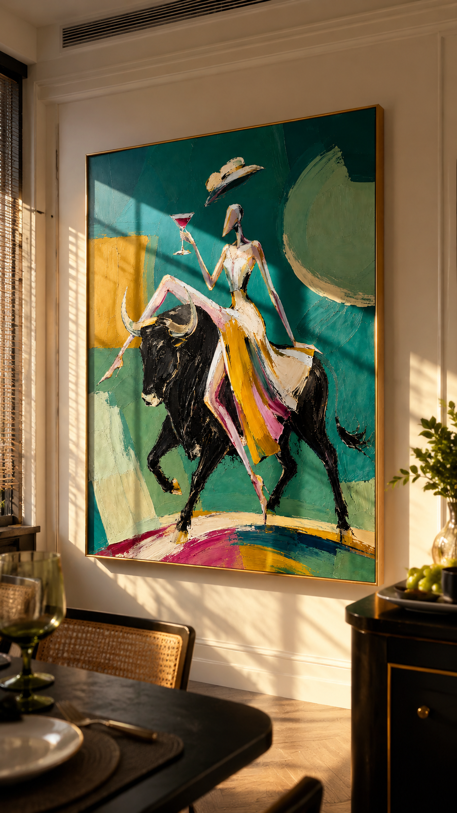 "Emerald Matador" - Contemporary Bull Rider Figurative Art | Green Black & Gold Statement Painting