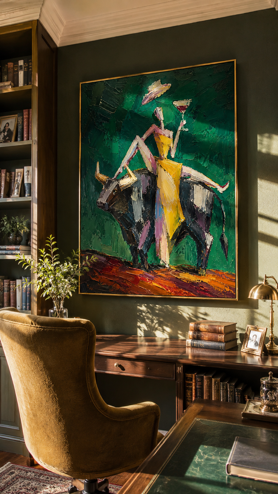"Cabaret Bull" - Contemporary Figurative Bull Painting | Deep Green Yellow & Black Statement Art