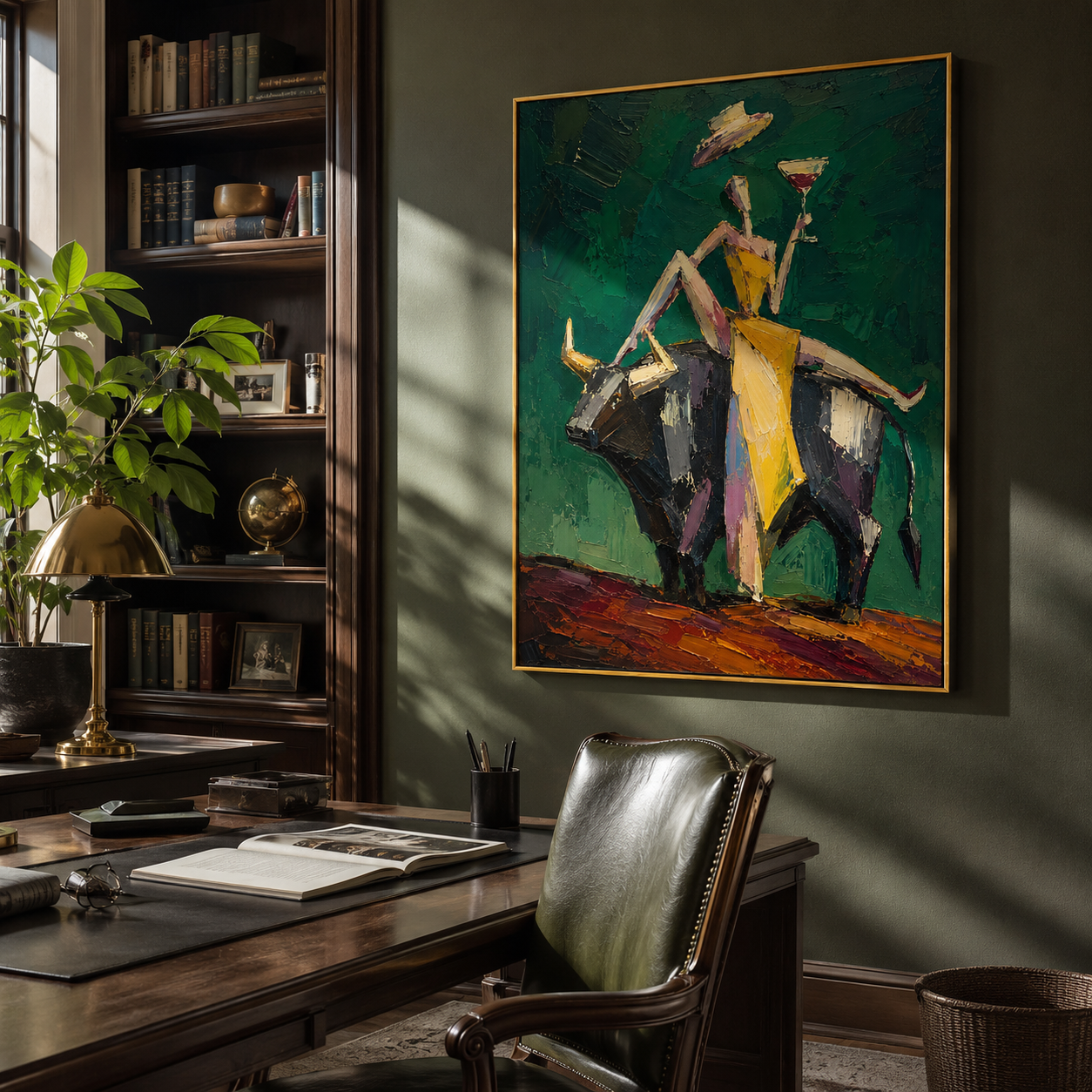"Cabaret Bull" - Contemporary Figurative Bull Painting | Deep Green Yellow & Black Statement Art