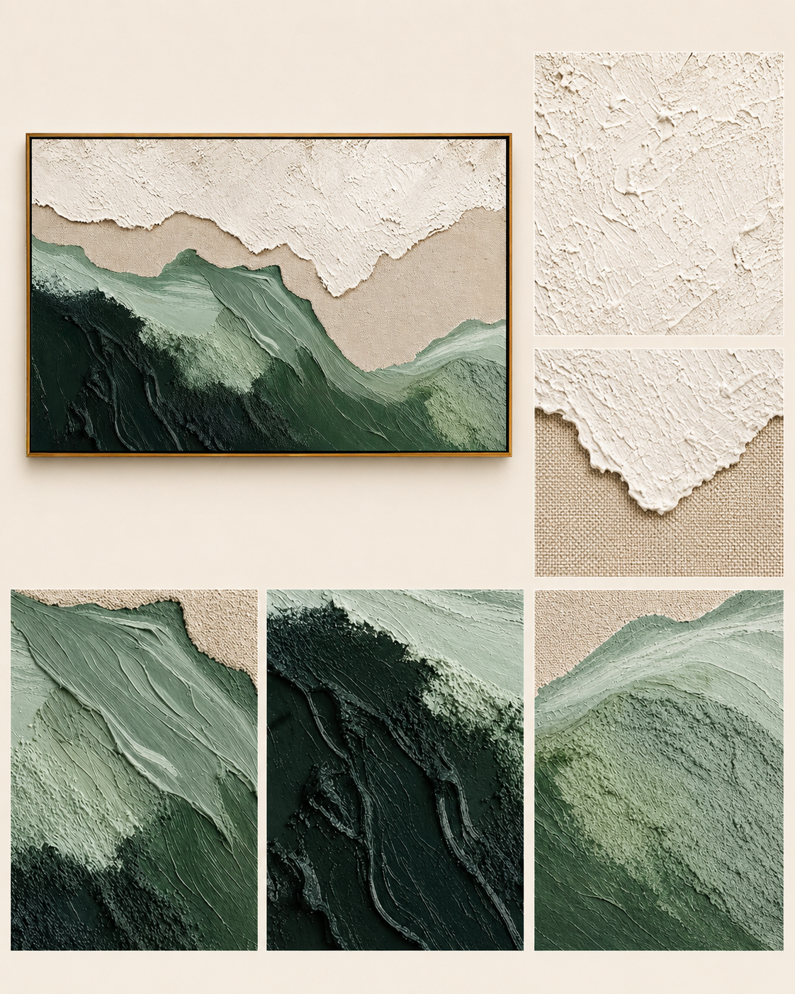 "Sage Ridge" - 3D Wabi-Sabi Mountain Relief | Green Beige & White Textured Landscape Art