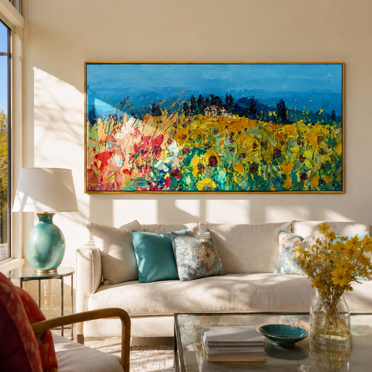 "Meadow Rhapsody" - Colorful Impasto Flower Field Landscape | Blue Sky & Yellow Bloom Wall Art