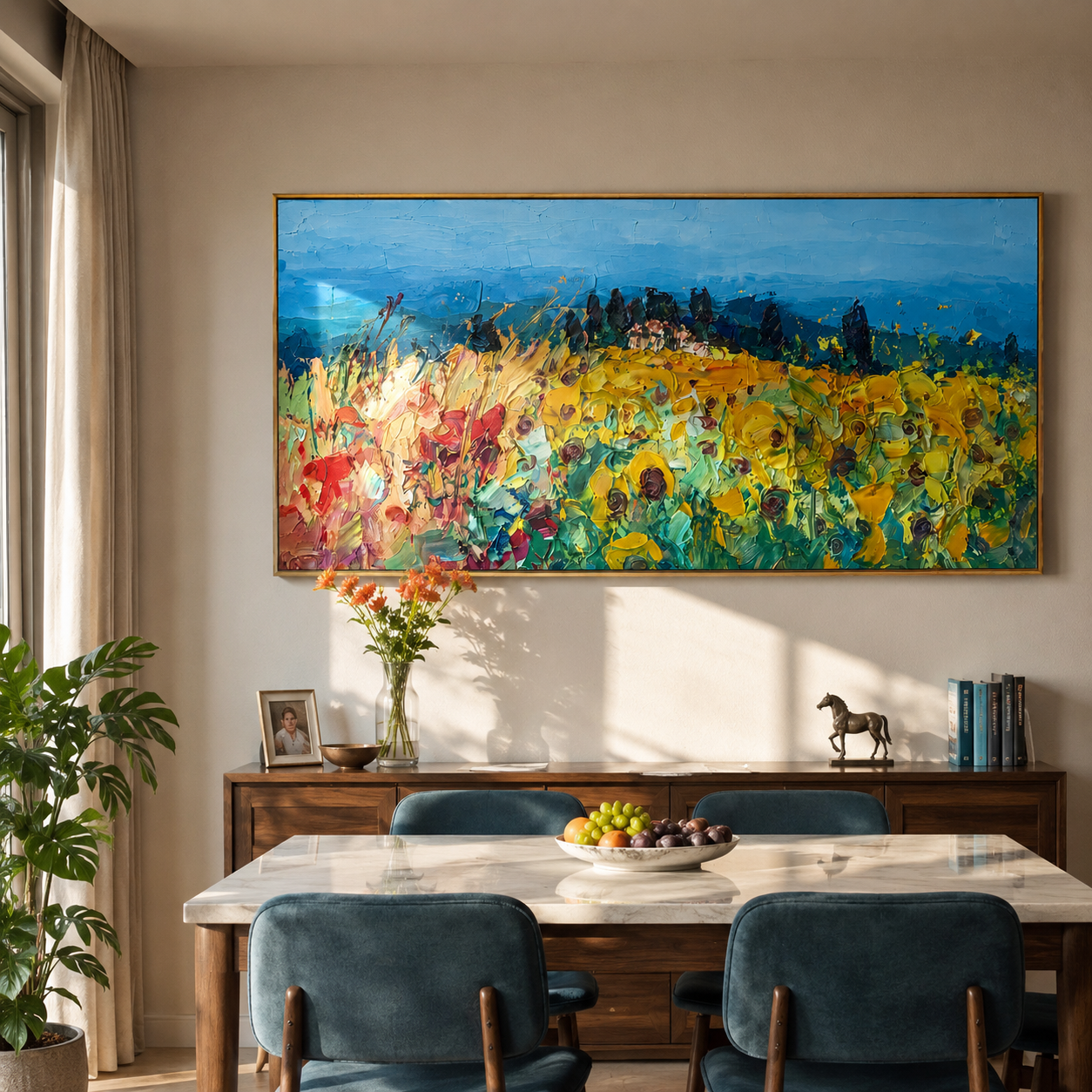 "Meadow Rhapsody" - Colorful Impasto Flower Field Landscape | Blue Sky & Yellow Bloom Wall Art
