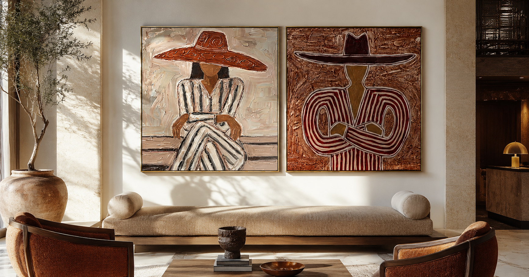 "Twin Matador Poise" – Textured Figurative Oil Painting Set|3D Textured Western Figurative Painting | Warm Terracotta & Charcoal Square Wall Art#VA607