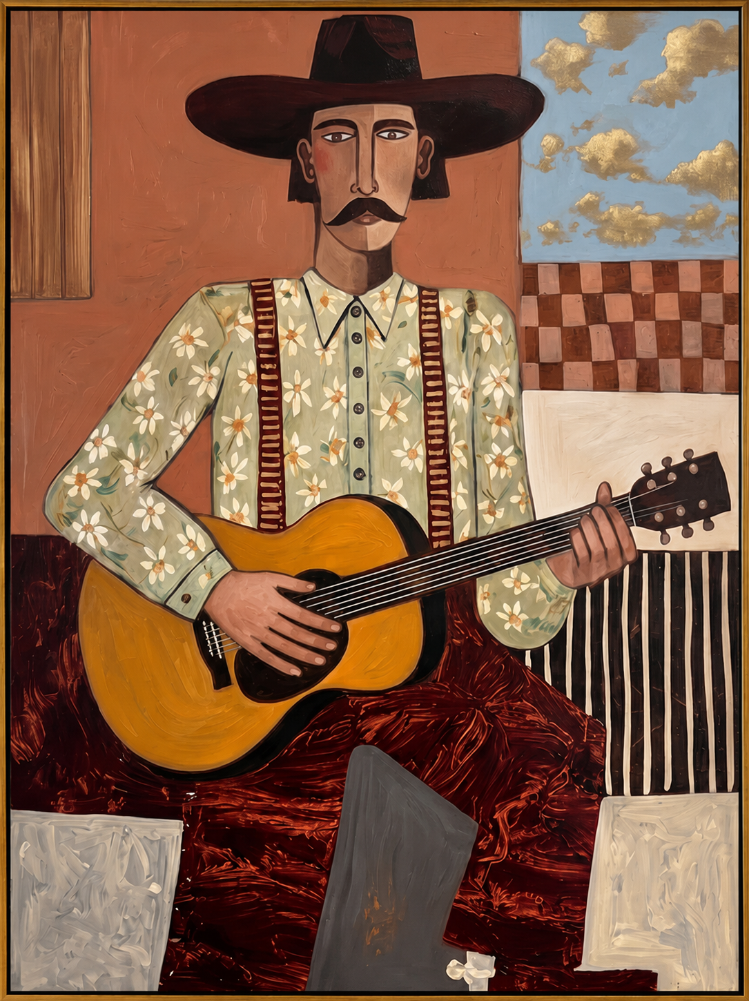 "The Western Balladeer" – Folk Impasto Portrait Art | 3D Terracotta & Sage Palette Knife Painting | Luxury Vertical Wall Art #PE 012
