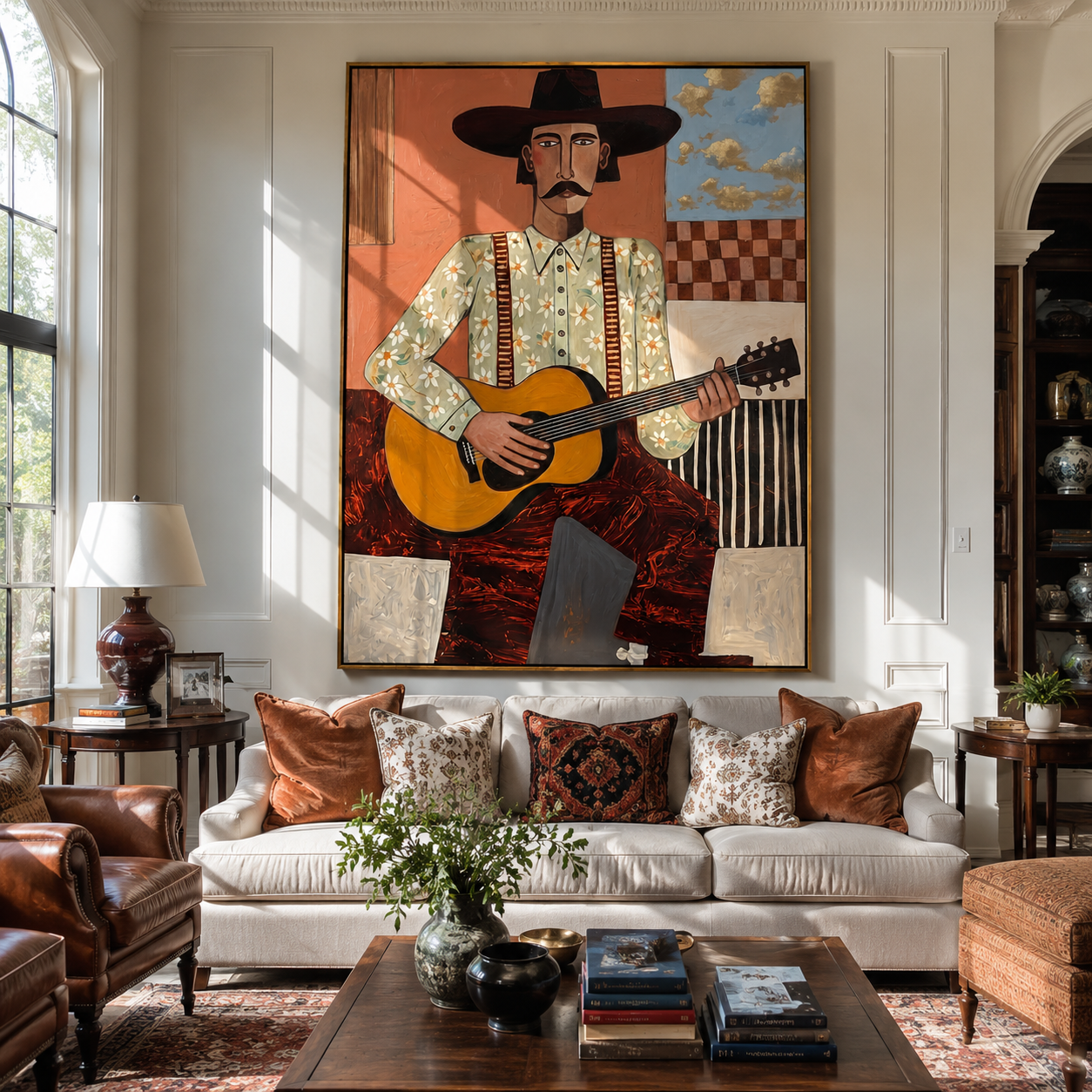 "The Western Balladeer" – Folk Impasto Portrait Art | 3D Terracotta & Sage Palette Knife Painting | Luxury Vertical Wall Art #PE 012