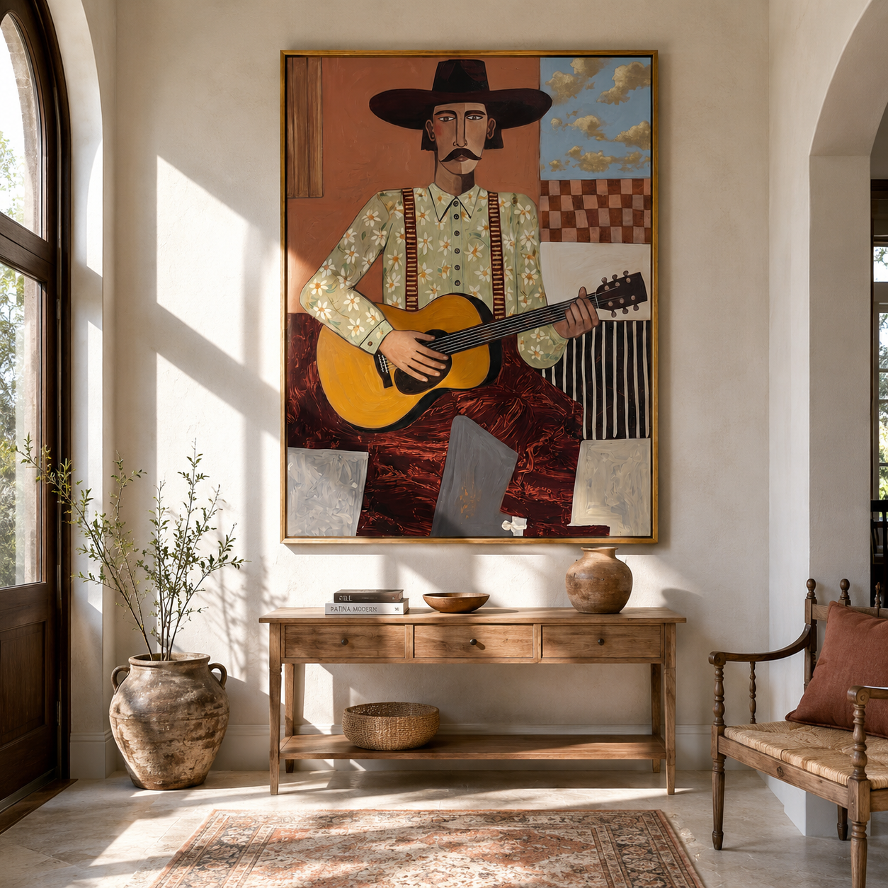 "The Western Balladeer" – Folk Impasto Portrait Art | 3D Terracotta & Sage Palette Knife Painting | Luxury Vertical Wall Art #PE 012