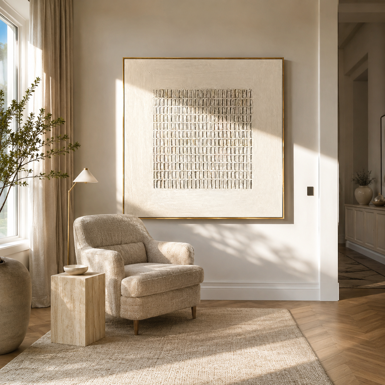 "Linen Weave" - 3D Minimalist Plaster Grid Relief | Ivory & Cream Textured Square Art