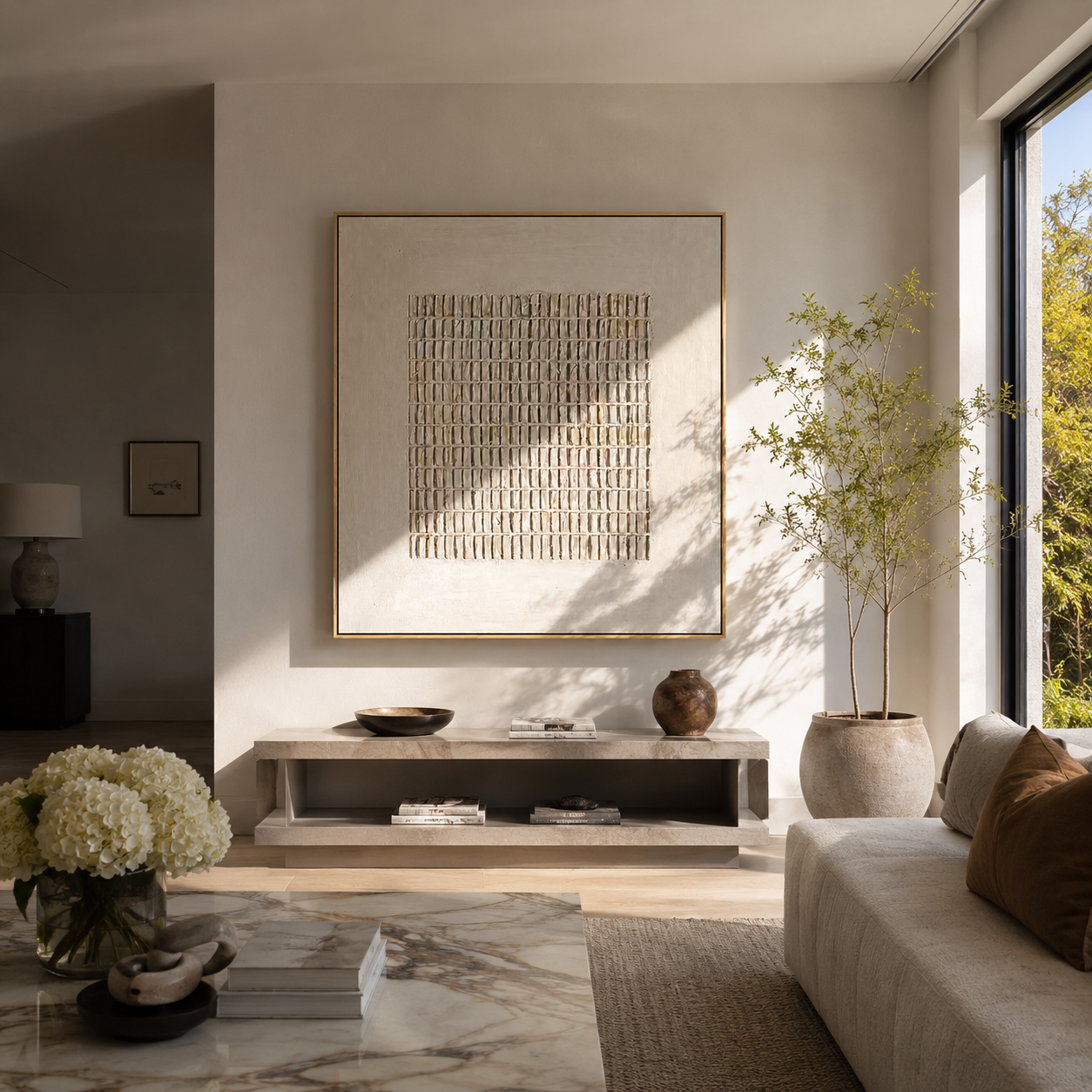 "Linen Weave" - 3D Minimalist Plaster Grid Relief | Ivory & Cream Textured Square Art