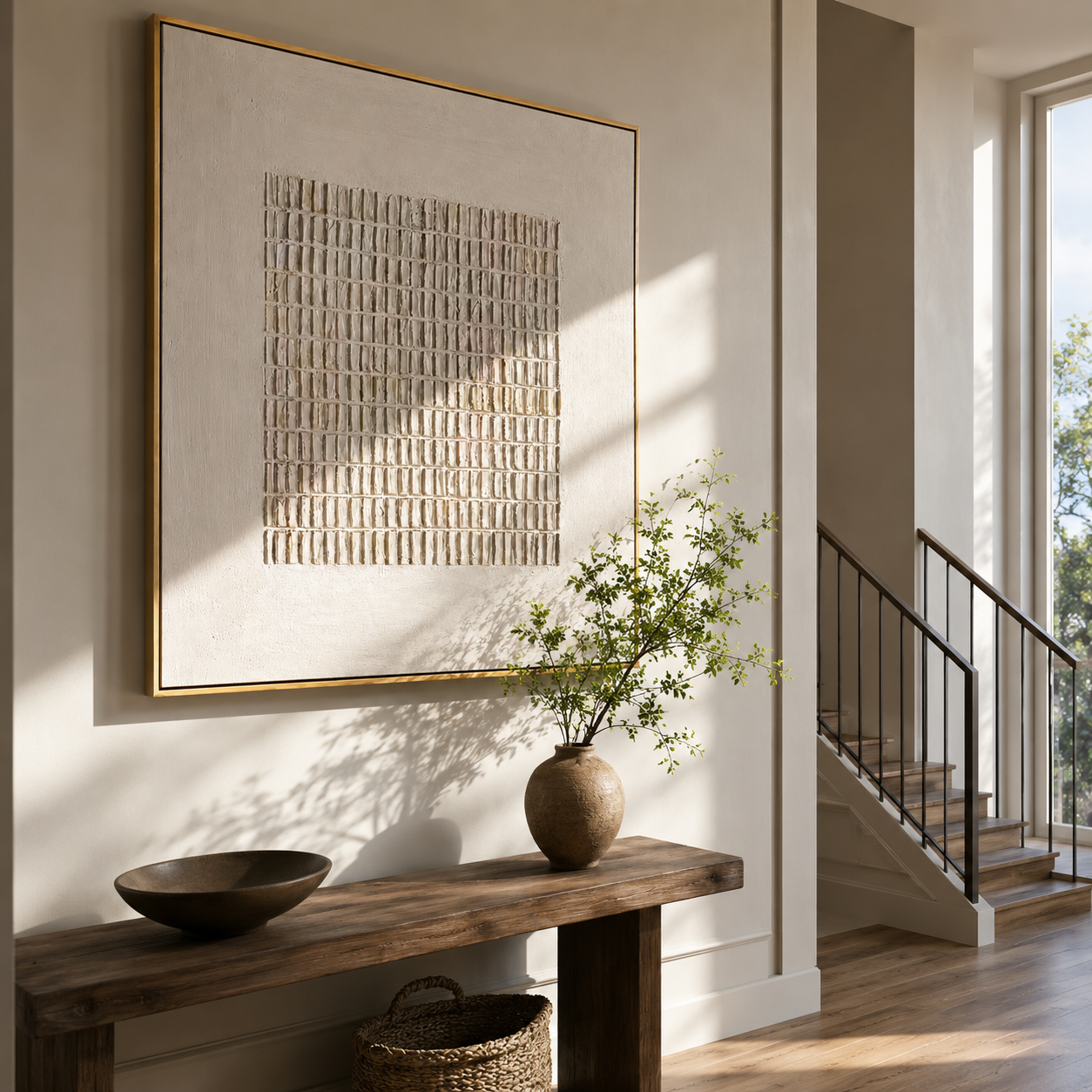 "Linen Weave" - 3D Minimalist Plaster Grid Relief | Ivory & Cream Textured Square Art