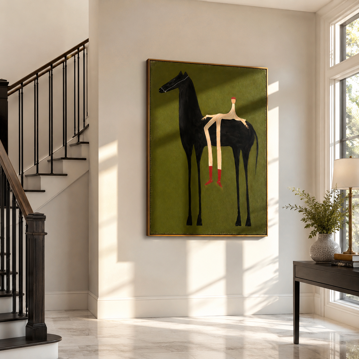 "The Rider" - Contemporary Naive Horse & Figure | Olive Green & Black Statement Art