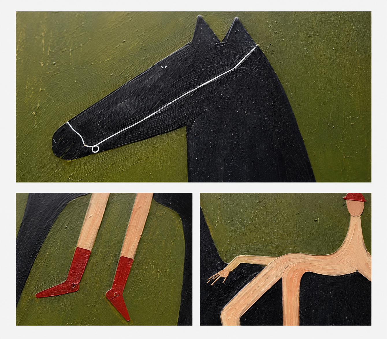"The Rider" - Contemporary Naive Horse & Figure | Olive Green & Black Statement Art
