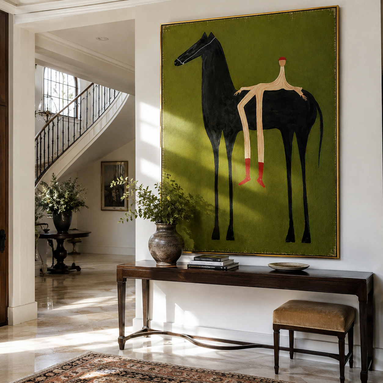 "The Rider" - Contemporary Naive Horse & Figure | Olive Green & Black Statement Art