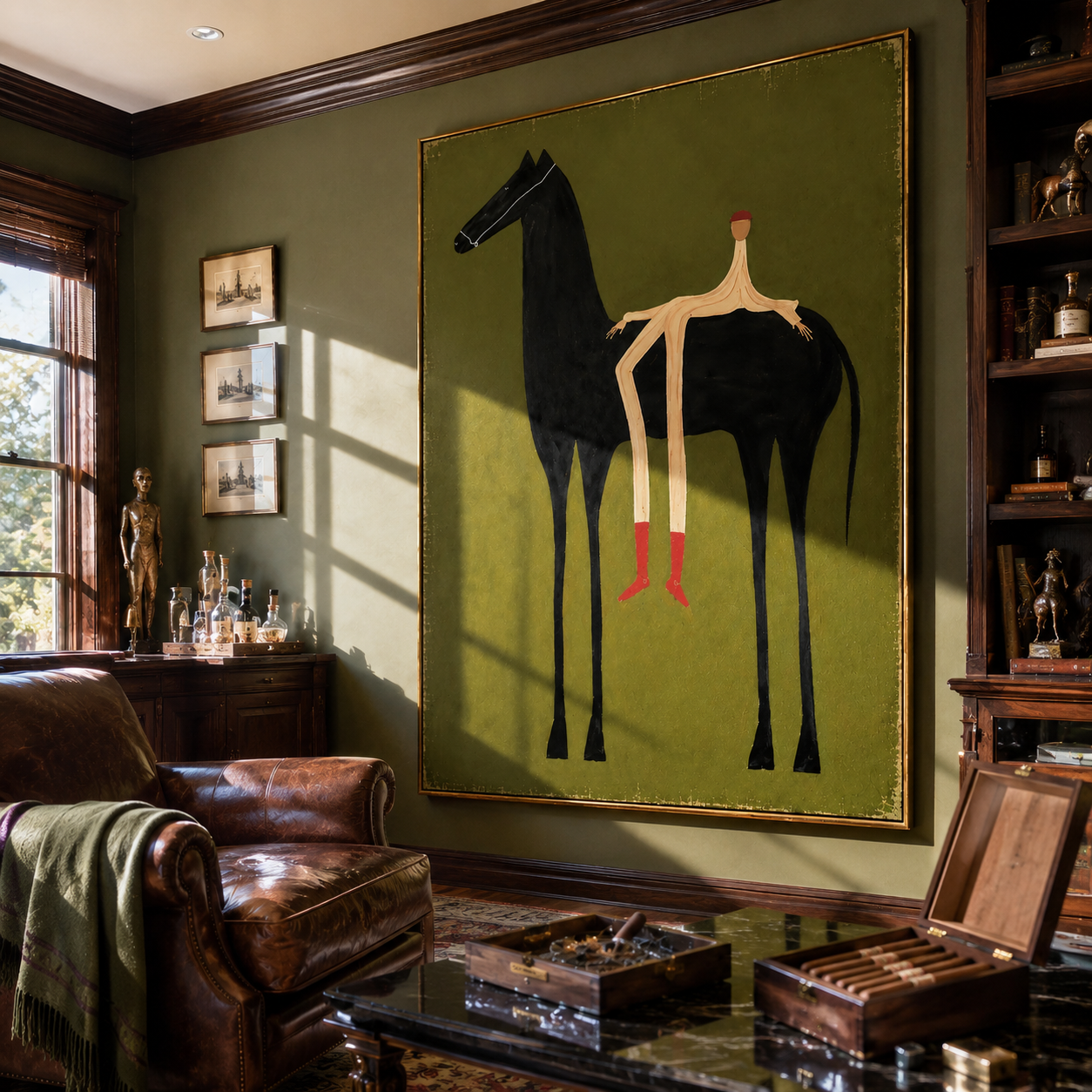 "The Rider" - Contemporary Naive Horse & Figure | Olive Green & Black Statement Art