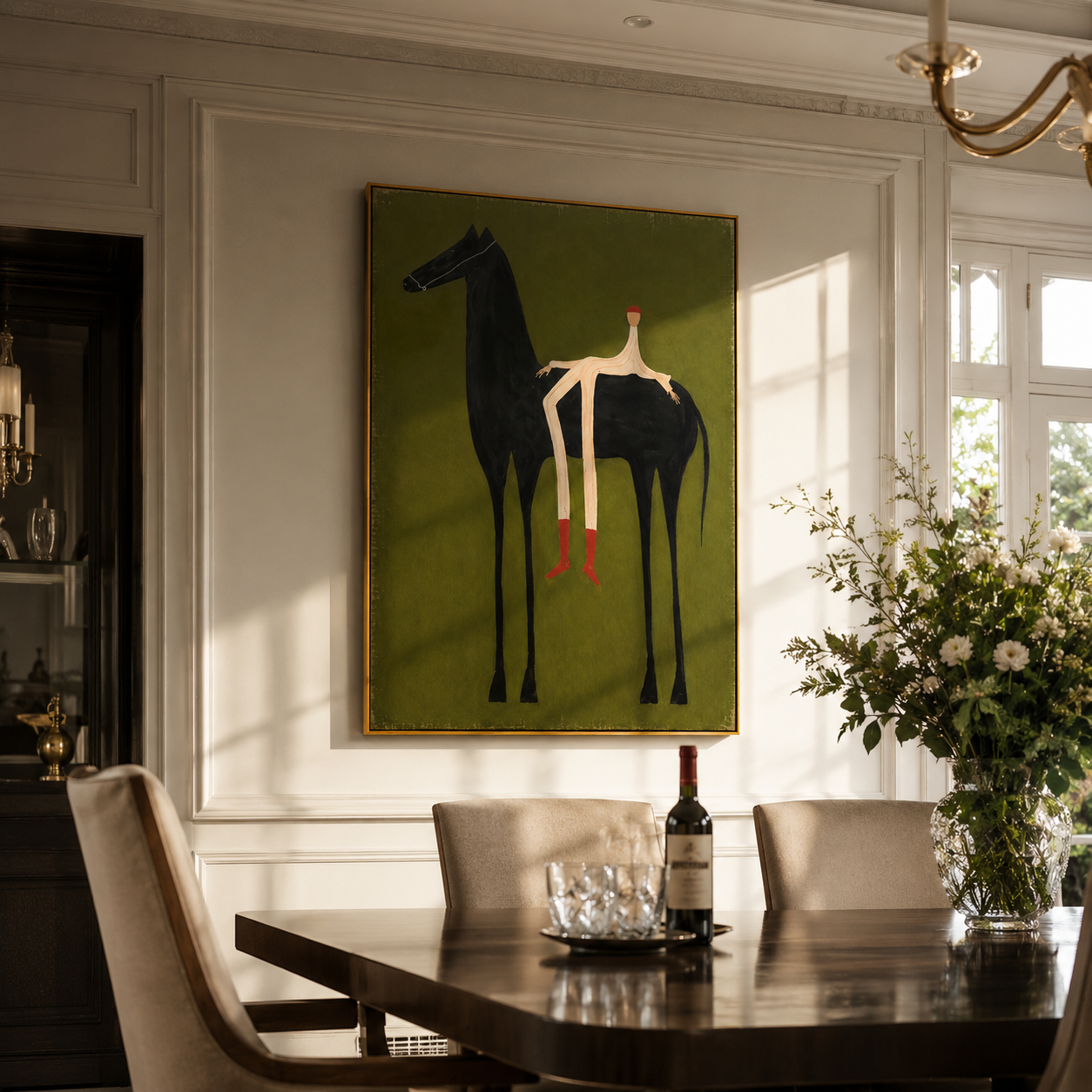 "The Rider" - Contemporary Naive Horse & Figure | Olive Green & Black Statement Art