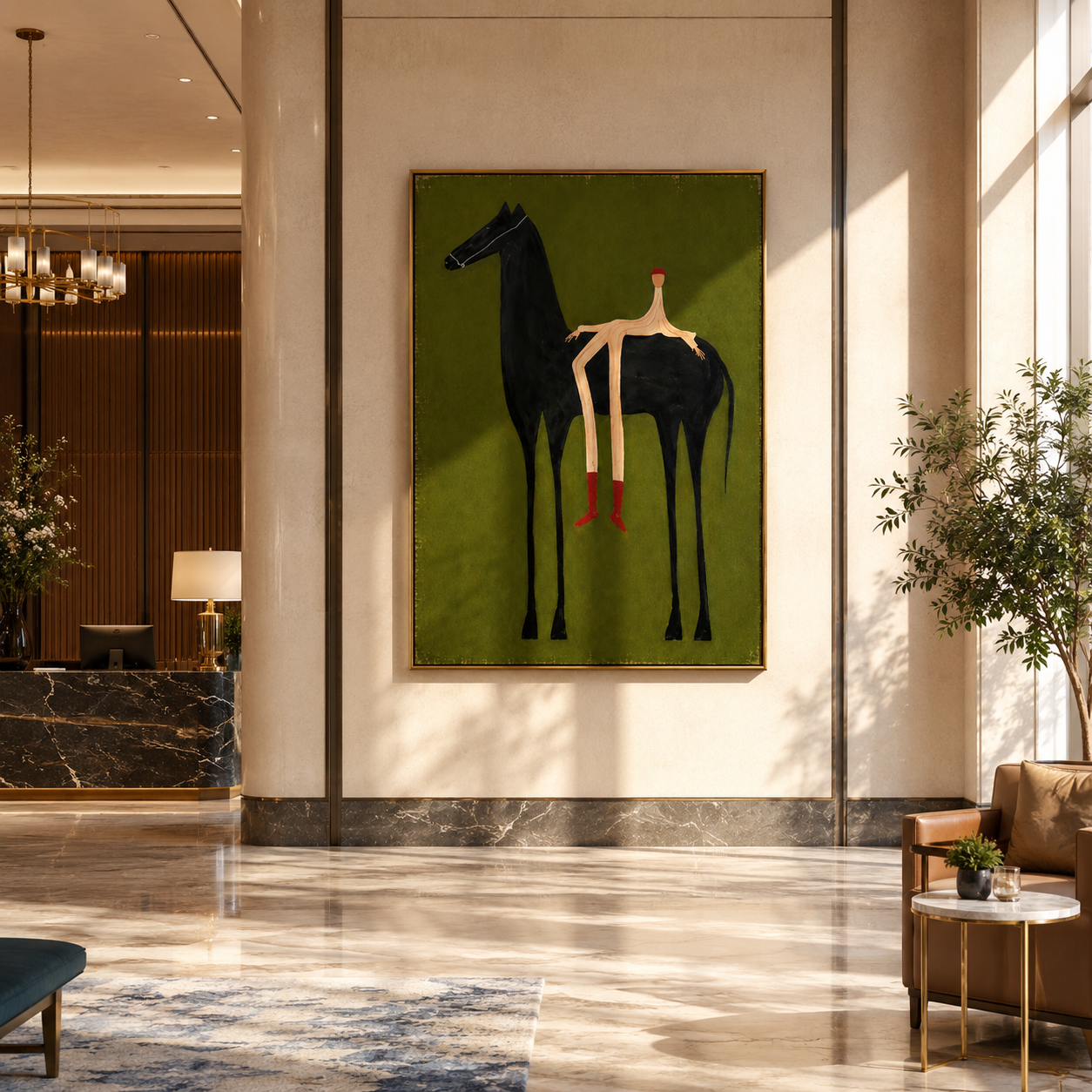 "The Rider" - Contemporary Naive Horse & Figure | Olive Green & Black Statement Art