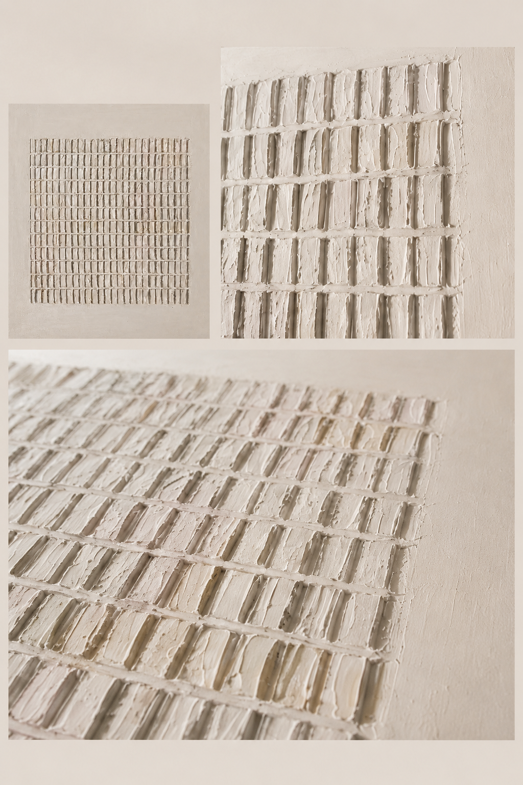 "Linen Weave" - 3D Minimalist Plaster Grid Relief | Ivory & Cream Textured Square Art