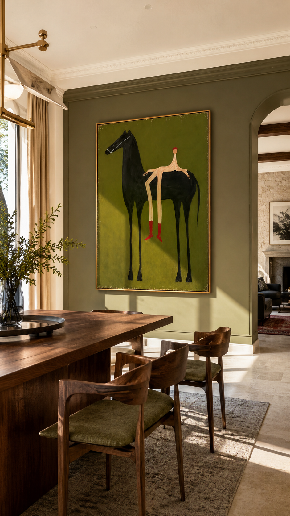"The Rider" - Contemporary Naive Horse & Figure | Olive Green & Black Statement Art