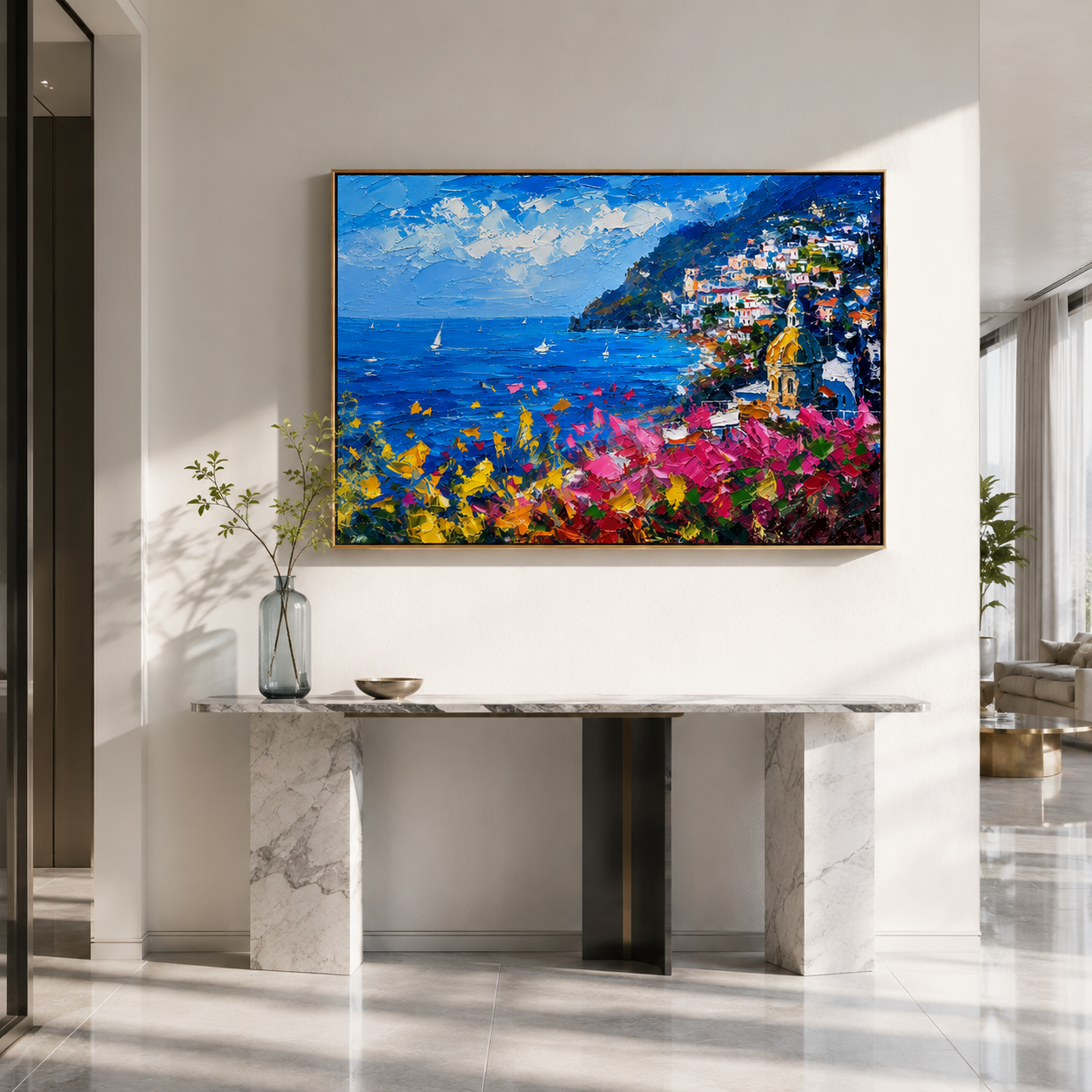 "Positano Dream" - Impressionist Mediterranean Coastal Village | Vivid Blue & Pink Landscape Art
