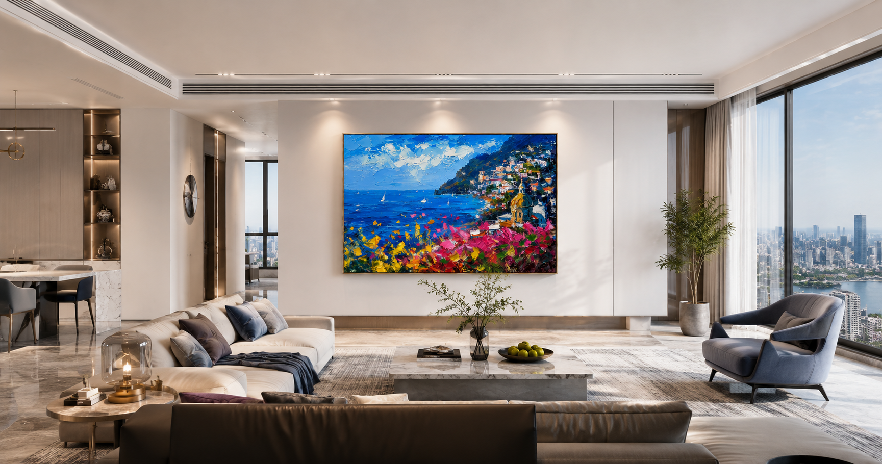 "Positano Dream" - Impressionist Mediterranean Coastal Village | Vivid Blue & Pink Landscape Art