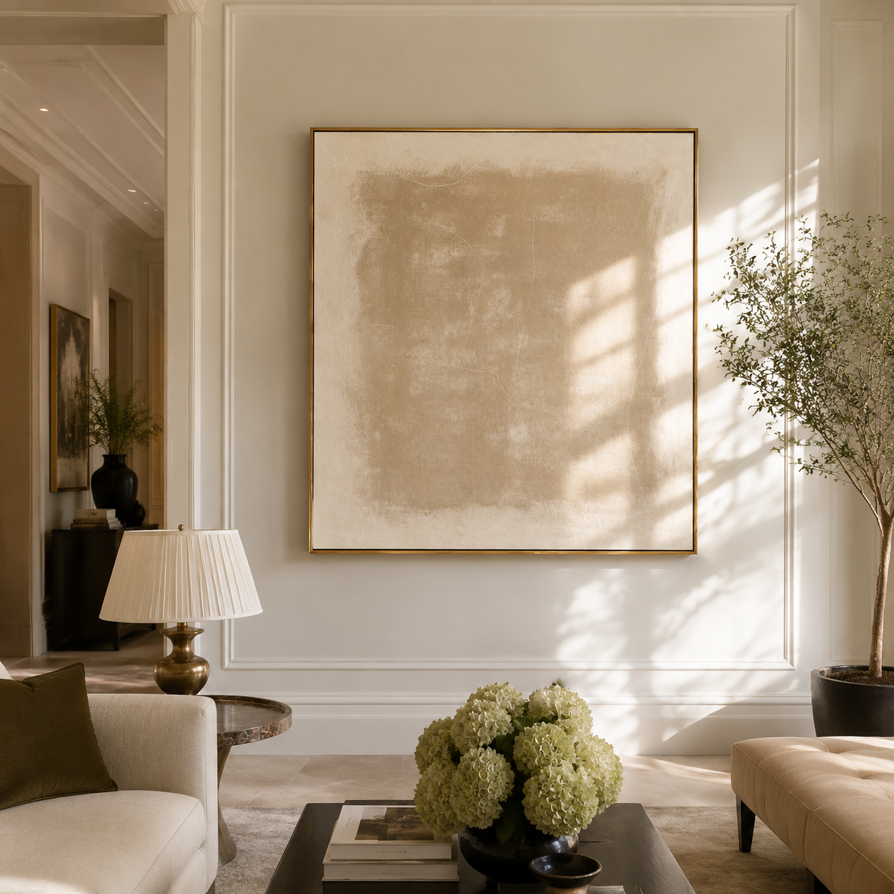 "Sandy Veil" - Minimalist Contemporary Abstract | Warm Sand & Cream Square Statement Art