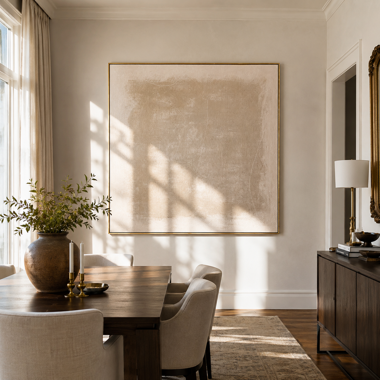 "Sandy Veil" - Minimalist Contemporary Abstract | Warm Sand & Cream Square Statement Art