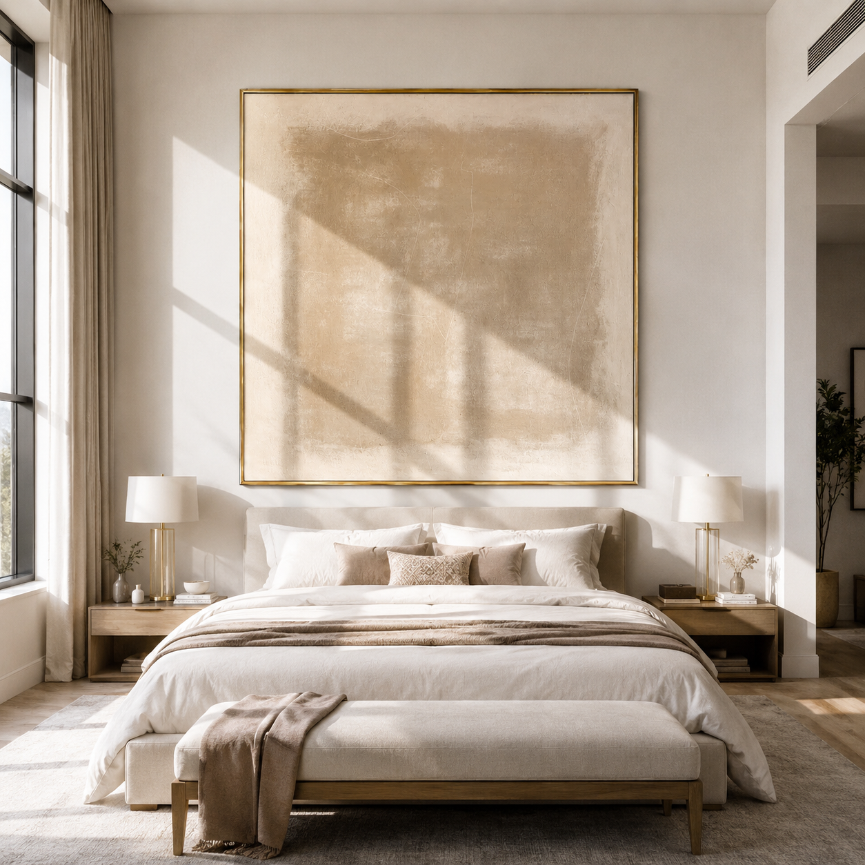 "Sandy Veil" - Minimalist Contemporary Abstract | Warm Sand & Cream Square Statement Art