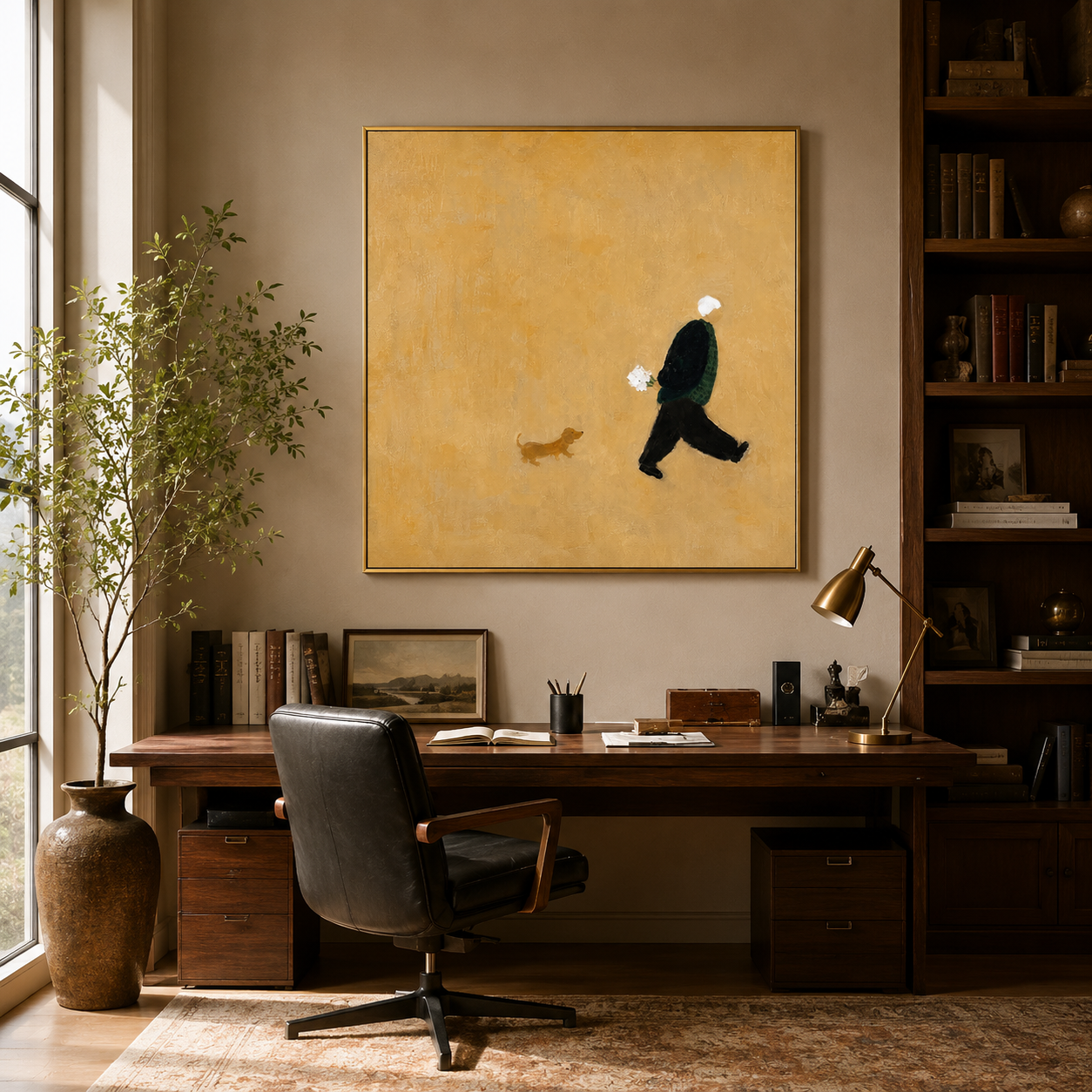 "Little Companion" - Minimalist Figure With Dog | Warm Beige Contemporary Square Art