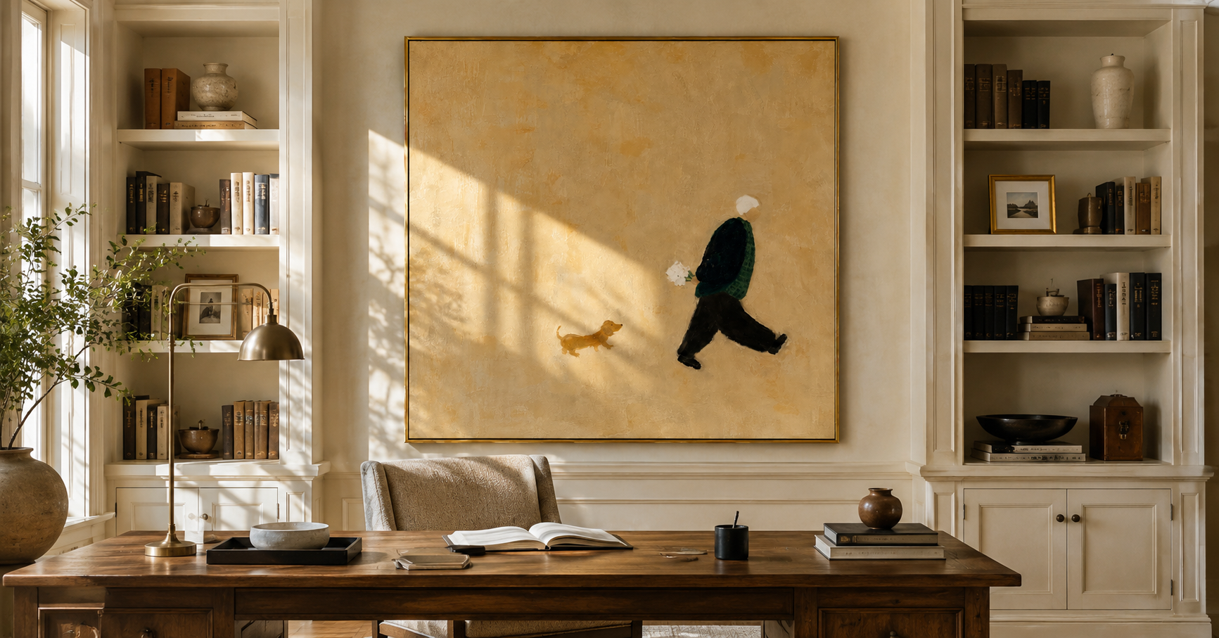 "Little Companion" - Minimalist Figure With Dog | Warm Beige Contemporary Square Art