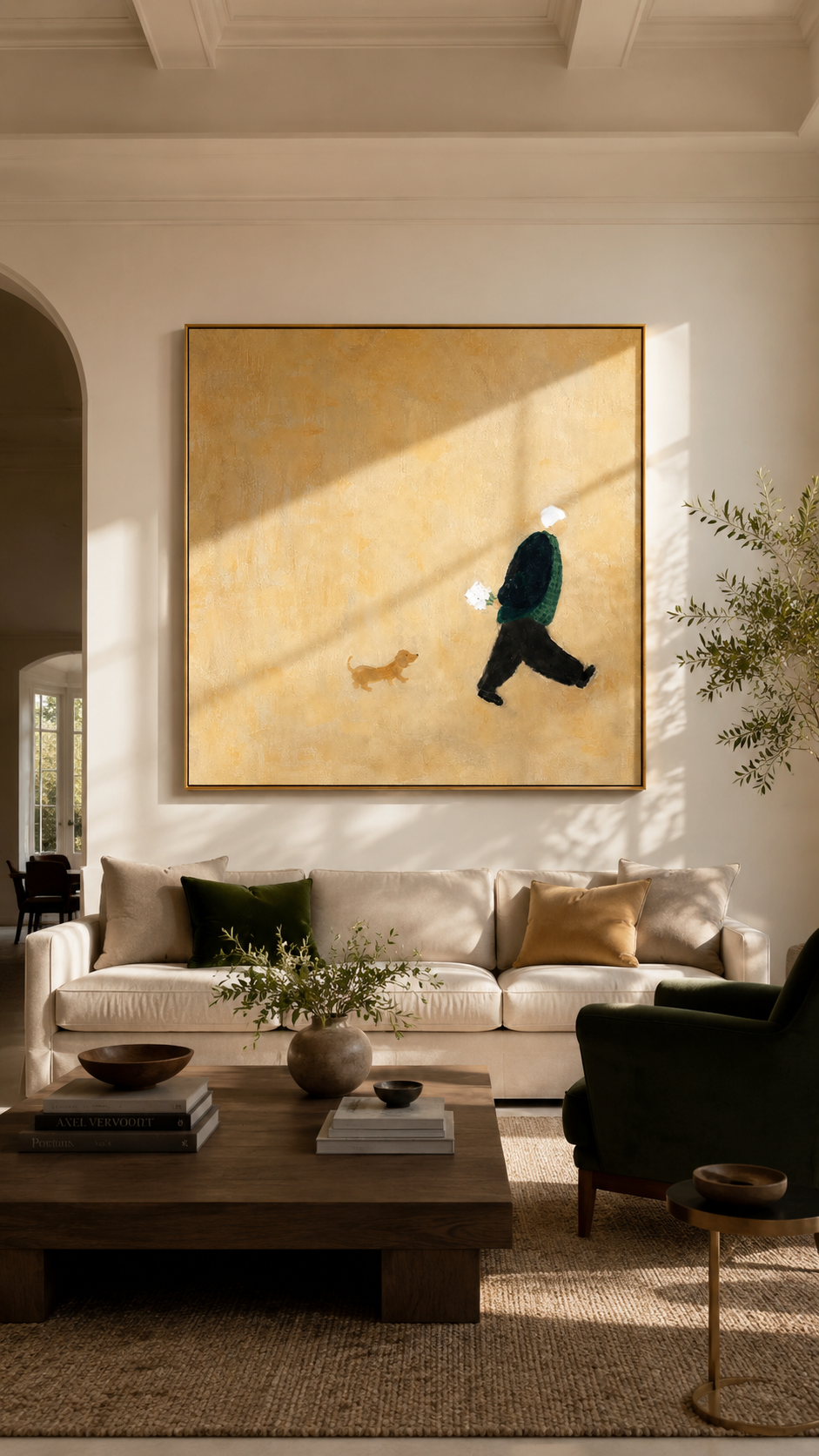 "Little Companion" - Minimalist Figure With Dog | Warm Beige Contemporary Square Art