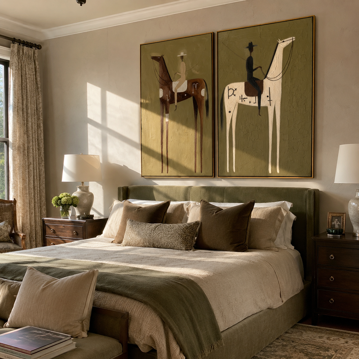 "Where Silence Rides" — 3D Textured Abstract Western Rider Wall Art Set | Olive & Umber Framed Diptych#VA618