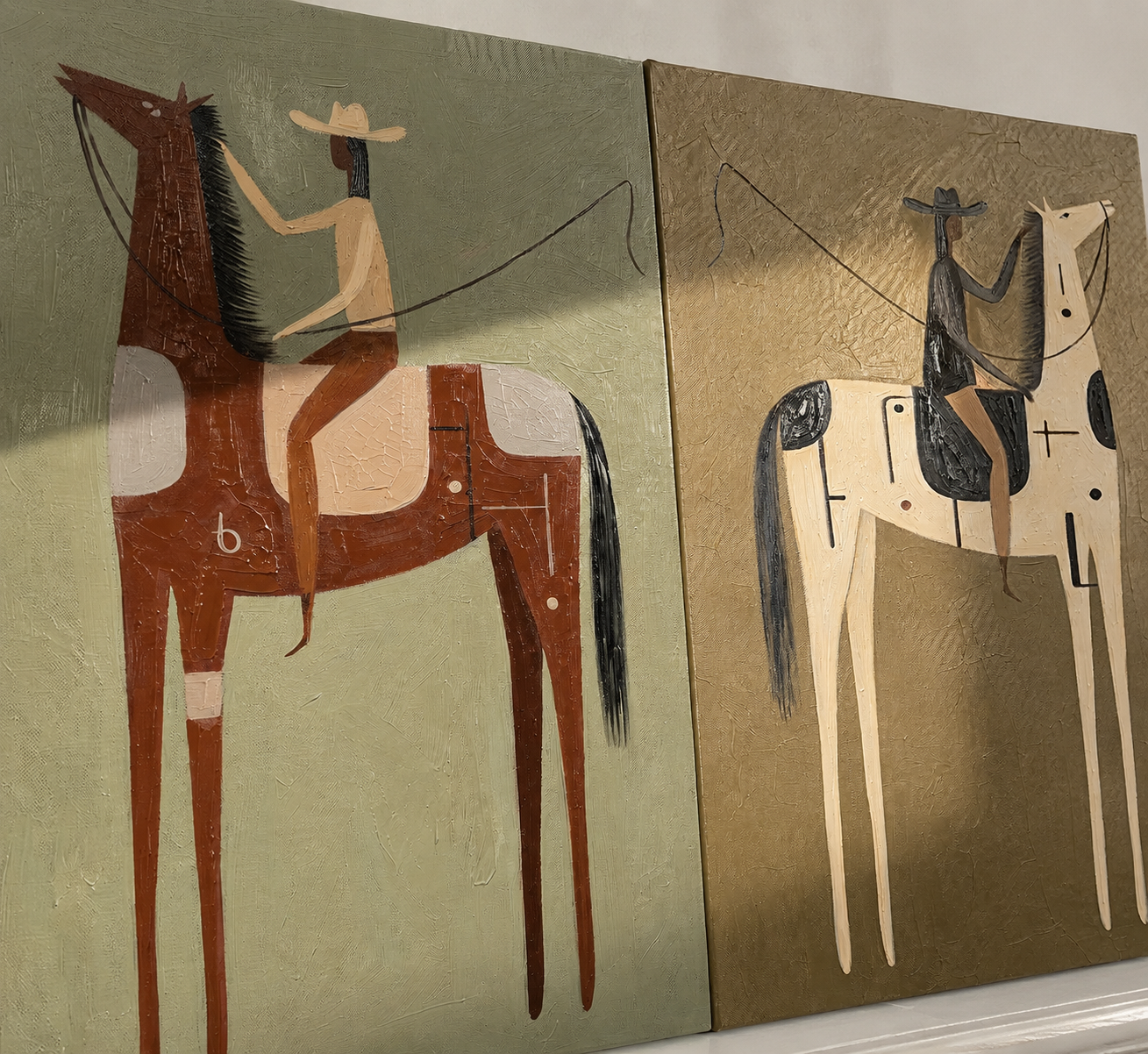 "The Distance Between Two Reins" — 3D Textured Abstract Western Rider Wall Art Set | Sage, Ivory & Umber Framed Diptych#VA626