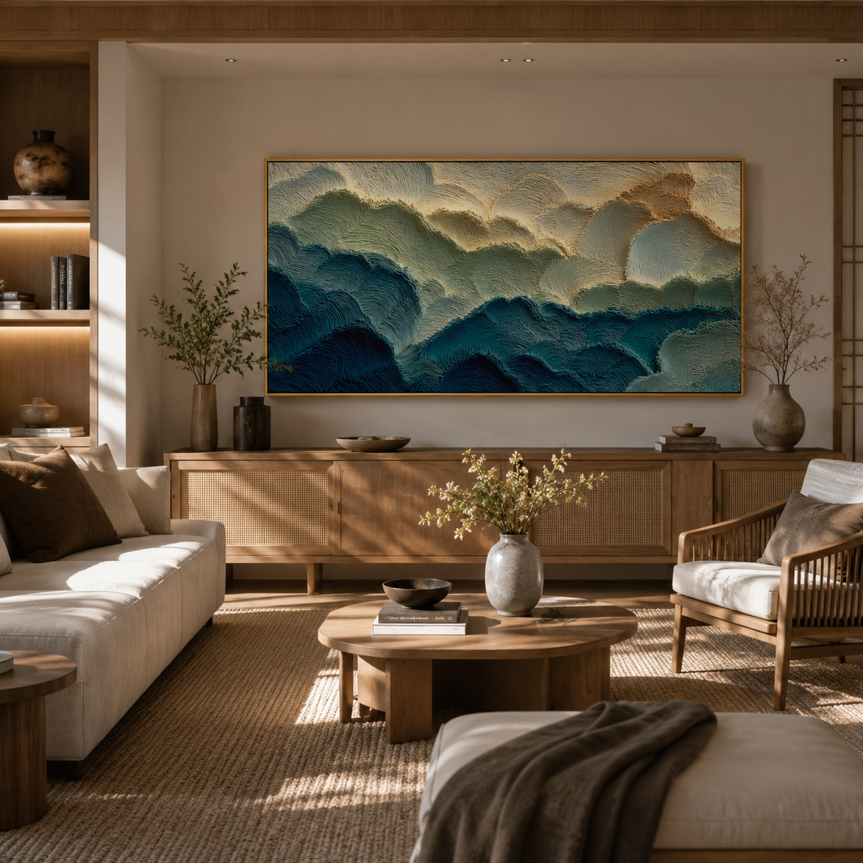 "Textured Coastal Tides" – Tactile Abstract Landscape Art | Deep Blue, Sage & Off-White Impasto Wall Decor | Contemporary Horizontal Art# PT 010