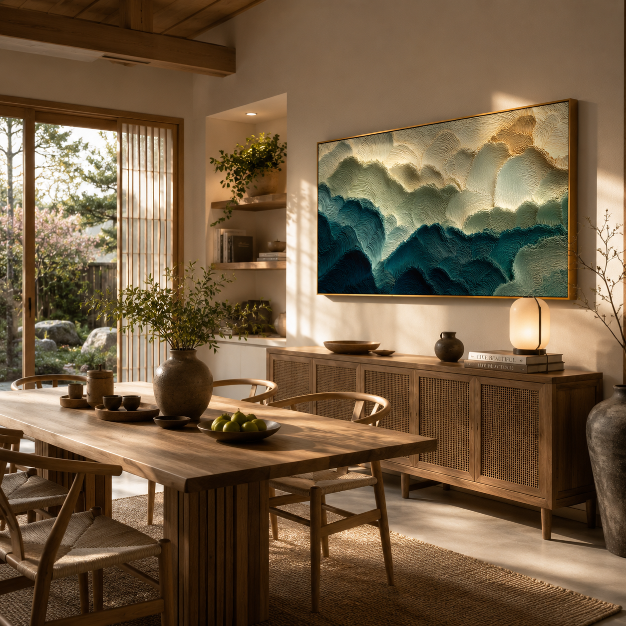 "Textured Coastal Tides" – Tactile Abstract Landscape Art | Deep Blue, Sage & Off-White Impasto Wall Decor | Contemporary Horizontal Art# PT 010
